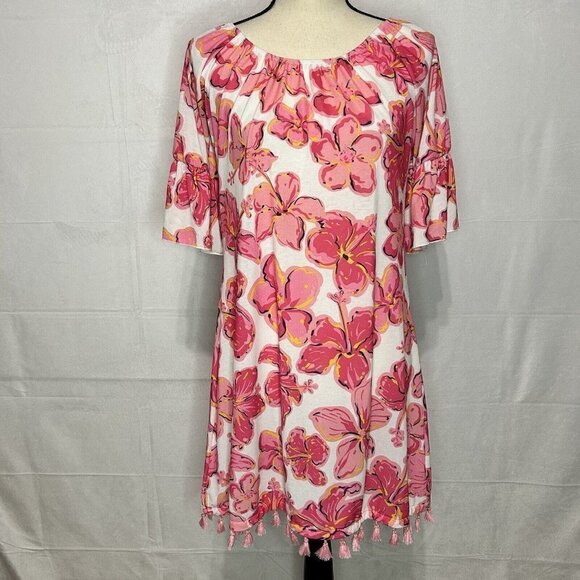 Simply Southern Casual Floral Dress Pink White Pom Pom Hem Elastic Neck Sz S - Picture 1 of 7
